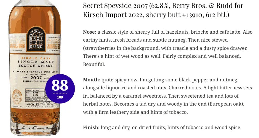 BBR Secret Speyside - ~14YO, 2007/2022, #13910, 62.8% (WF89, WN88) - Scotch Whisky