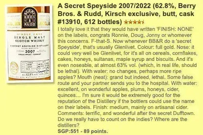 BBR Secret Speyside - ~14YO, 2007/2022, #13910, 62.8% (WF89, WN88) - Scotch Whisky