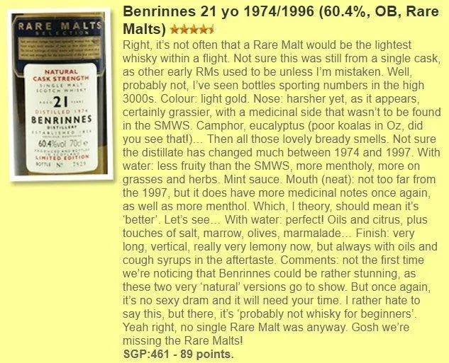 Benrinnes - 21YO, 1974/1996, Rare Malts Selection, 60.4% (WF89) - Scotch Whisky