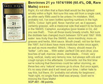 Benrinnes - 21YO, 1974/1996, Rare Malts Selection, 60.4% (WF89) - Scotch Whisky