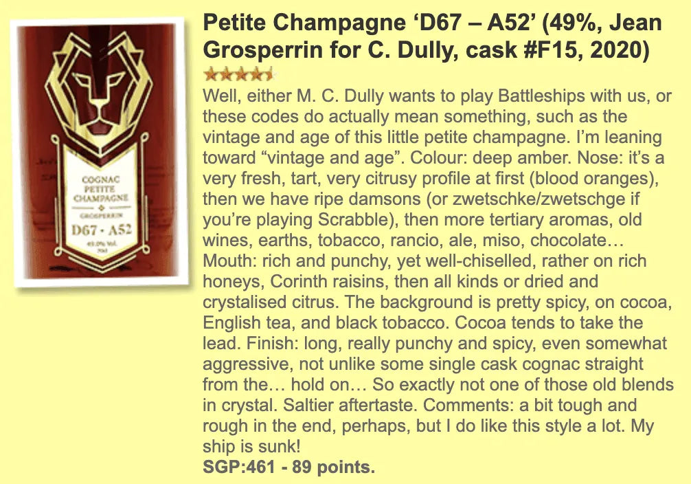 C. Dully Grosperrin - Petite Champagne D67-A52, 52YO, 49.0% (WF89) - Cognac