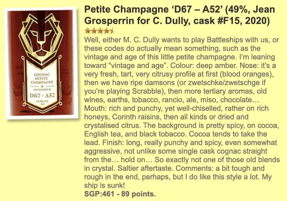 C. Dully Grosperrin - Petite Champagne D67-A52, 52YO, 49.0% (WF89) (分現金/信用卡價) - Cognac