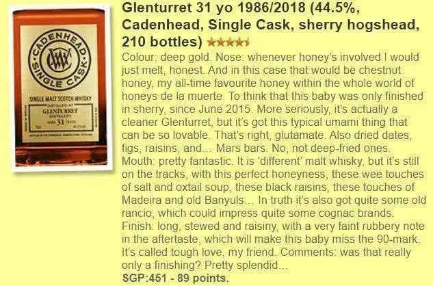 Cadenhead's Glenturret - 31YO, 1986/2018, Sherry Hogshead, 44.5% (WF89) (分現金/信用卡價) - Scotch Whisky