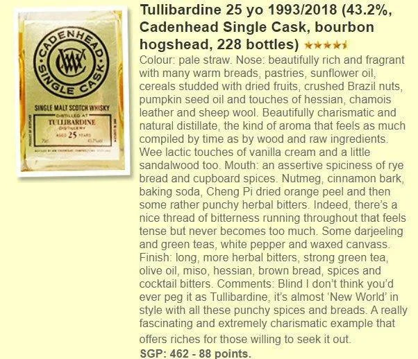 Cadenhead's Tullibardine - 25YO, 1993/2018, 43.2% (WF88) (分現金/信用卡價) - Scotch Whisky