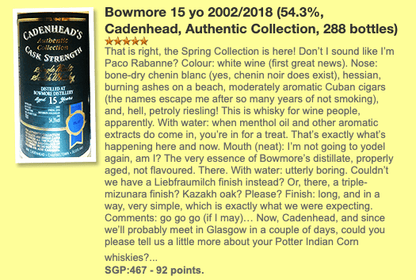 Cadenhead's Bowmore 15YO, 2002/2018, Authentic Collection, 54.3% (WF92) (分現金/信用卡價) - 蘇格蘭威士忌