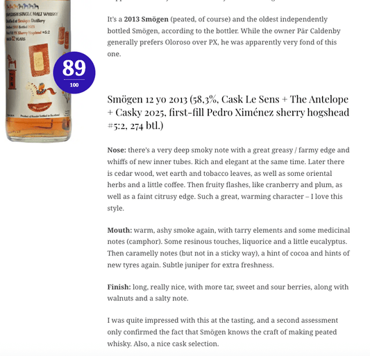 Casky, The Antelope & Cask Le Sens Smögen 12YO, 2013/2025, 5:2, 1st Fill PX Sherry Hogshead, 58.3% (WN89) - 瑞典威士忌