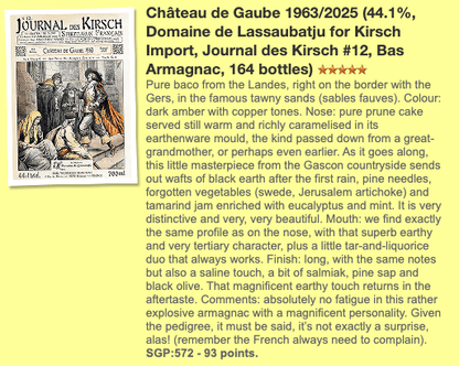 Chateau de Gaube 1963/2025, Journal des Kirsch 12, 44.1% (WF93) (分現金/信用卡價) - Armagnac