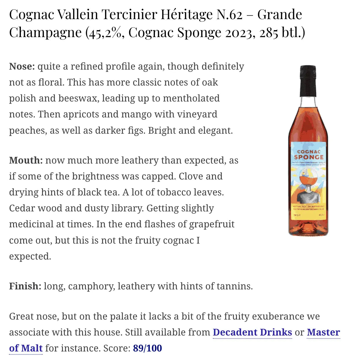 Cognac Sponge Vallein Tercinier - ~61YO, 1962/2023, Grande Champagne, Heritage N.62, 45.2% (WN89) - Cognac