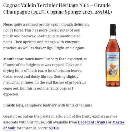 Cognac Sponge Vallein Tercinier - ~61YO, 1962/2023, Grande Champagne, Heritage N.62, 45.2% (WN89) - Cognac