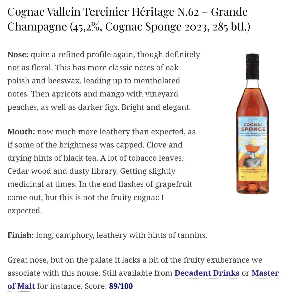 Cognac Sponge Vallein Tercinier - ~61YO, 1962/2023, Grande Champagne, Heritage N.62, 45.2% (WN89) - Cognac