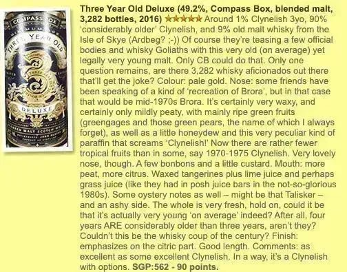 Compass Box - Three Year Old Deluxe, 2016, 49.2% (WF90) - Scotch Whisky
