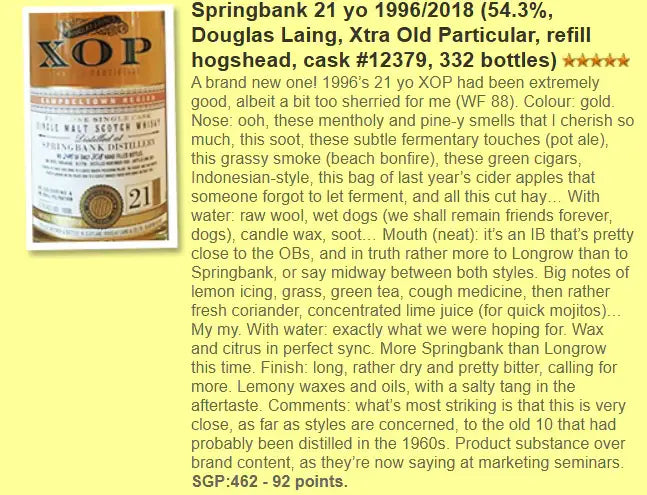 DL XOP Springbank - 21YO, 1996/2018, #DL 12379, 54.3% (WF92) (分現金/信用卡價) - Scotch Whisky