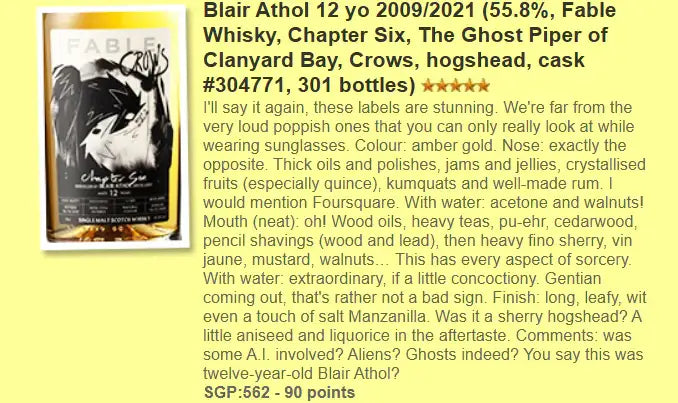 Fable Whisky Blair Athol - 12YO 2009/2021, #304771, Chapter Six, 55.8% (WF90) - Scotch Whisky