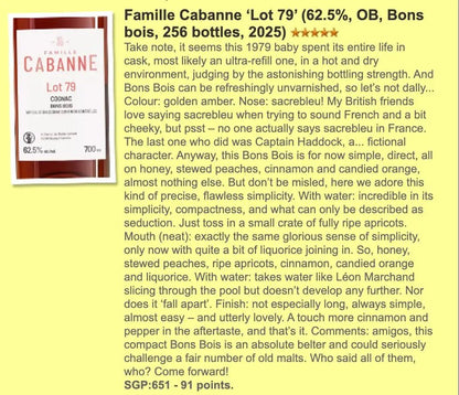 Famille Cabanne Lot79 1979, Bon Bois, 62.5% (WF91) - Cognac