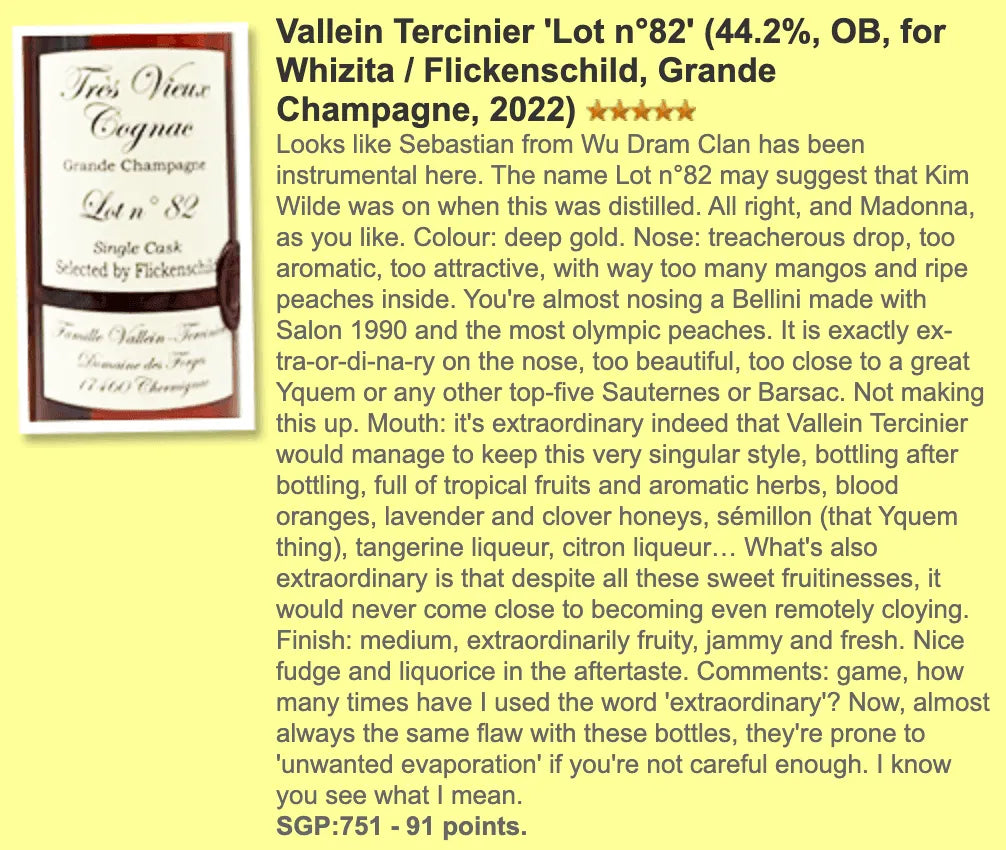 Famille Vallein Tercinier - ~40YO Cognac, Lot 82, 44.2% (WF91) - Cognac