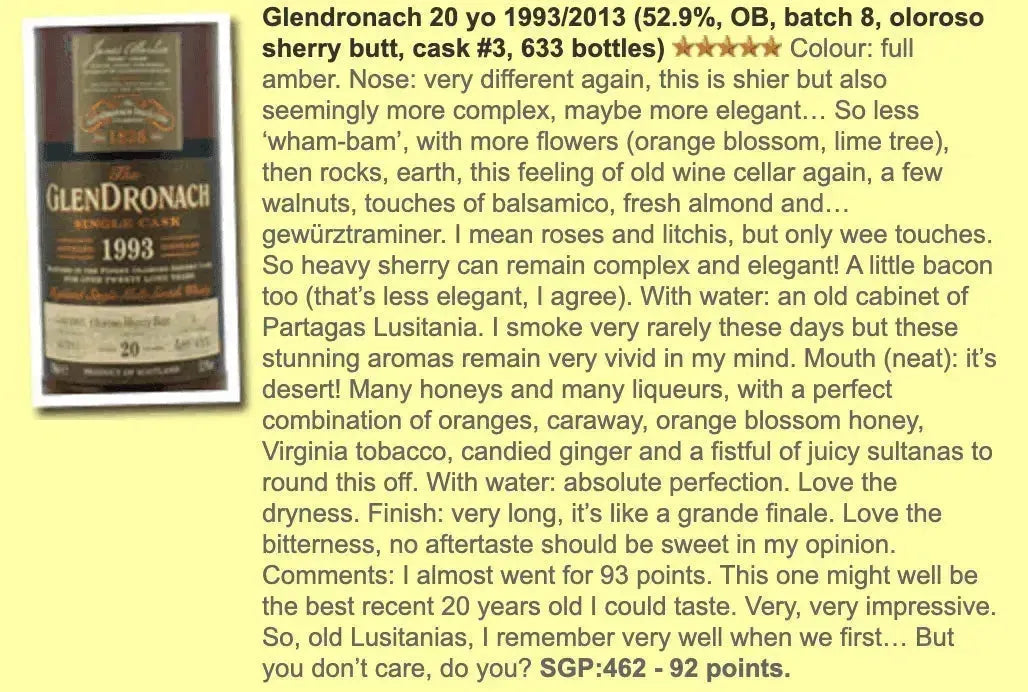 Glendronach - 20YO, 1993.1.15 /2013, #3, Batch 8, 52.9% (WF92) - Scotch Whisky