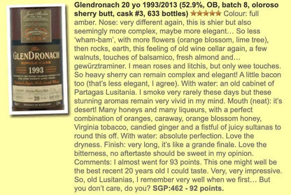 Glendronach - 20YO, 1993.1.15 /2013, #3, Batch 8, 52.9% (WF92) - Scotch Whisky