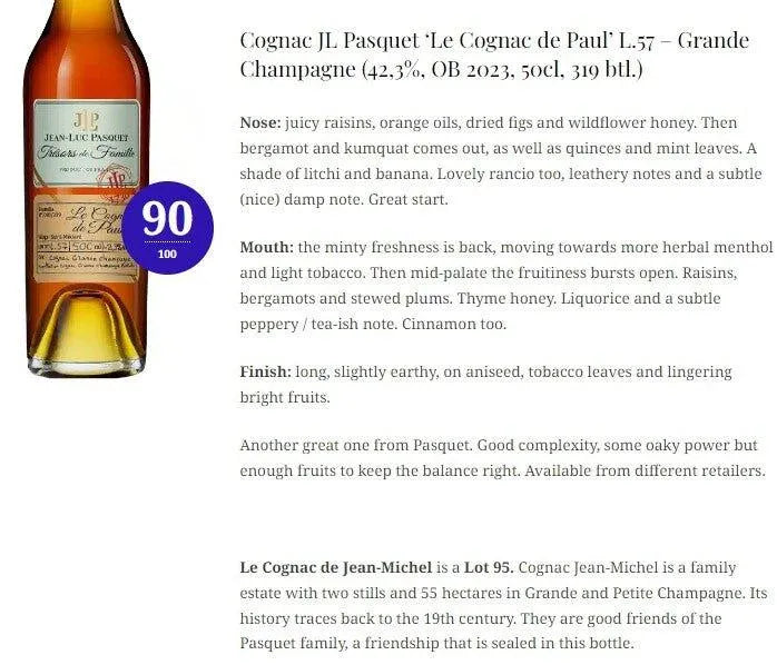 Jean-Luc Pasquet - ~66YO, 1957/2023, Le Cognac de Paul, 42.3% (WN90) (分現金/信用卡價) - Cognac