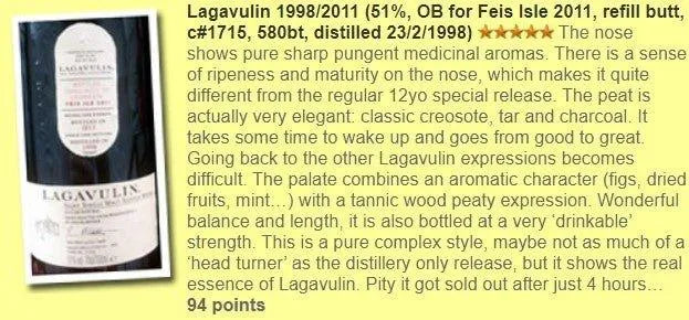 Lagavulin - 13YO, 1998/2011, #1715, Feis Ile 2011, 51% (WF94) (分現金/信用卡價) - Scotch Whisky