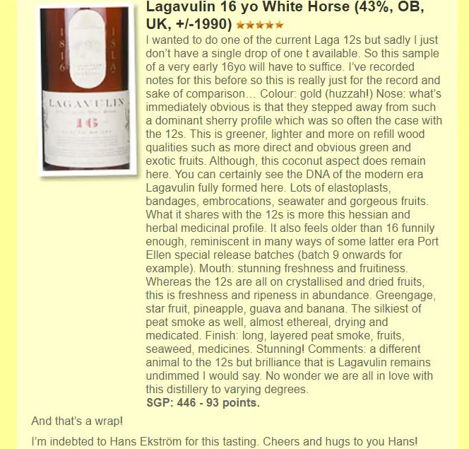 Lagavulin - 16YO, 1990s, 白馬金字, 43% (WF93) (分現金/信用卡價) - Scotch Whisky