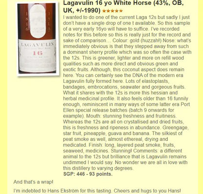 Lagavulin - 16YO, 1990s, 白馬金字, 43% (WF93) (分現金/信用卡價) - Scotch Whisky