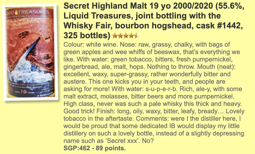 Liquid Treasures Secret Highland - 19YO, 55.6% (WF89) - Scotch Whisky