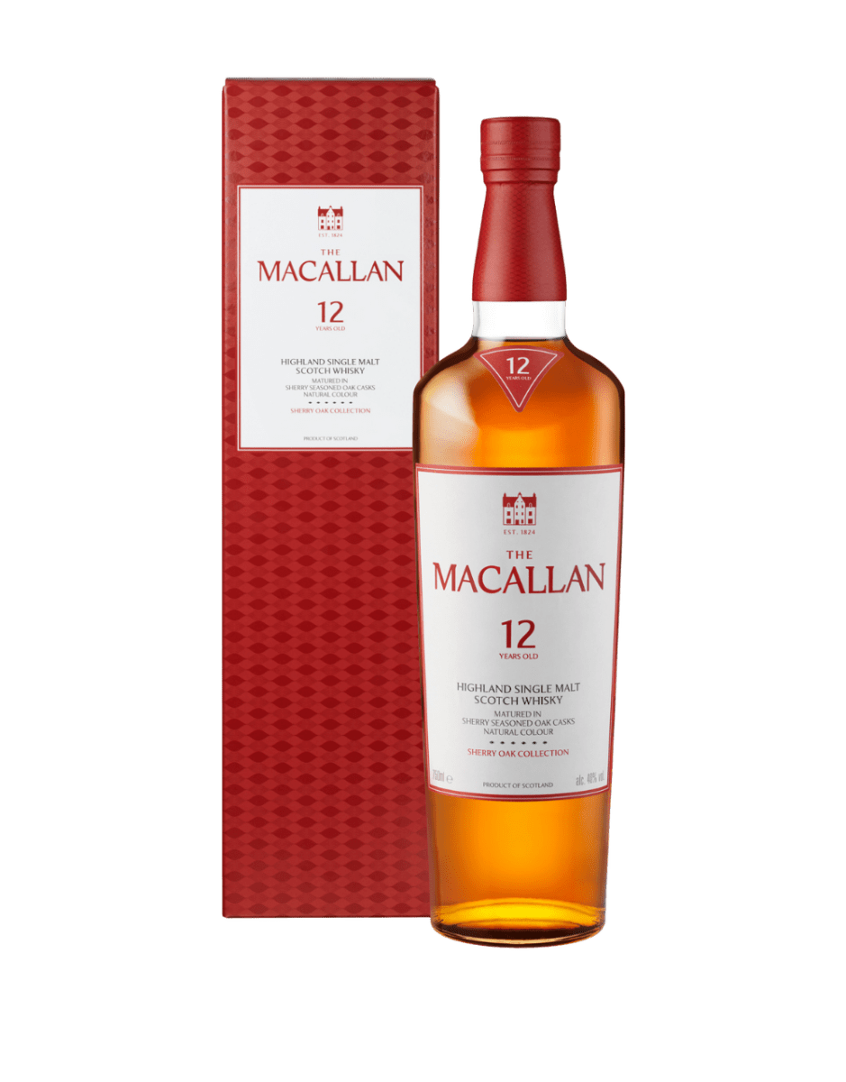 The Macallan 12 Years Old Sherry Oak Collection bottle and gift box official packshot black background