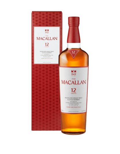 The Macallan 12 Years Old Sherry Oak Collection bottle and gift box official packshot black background