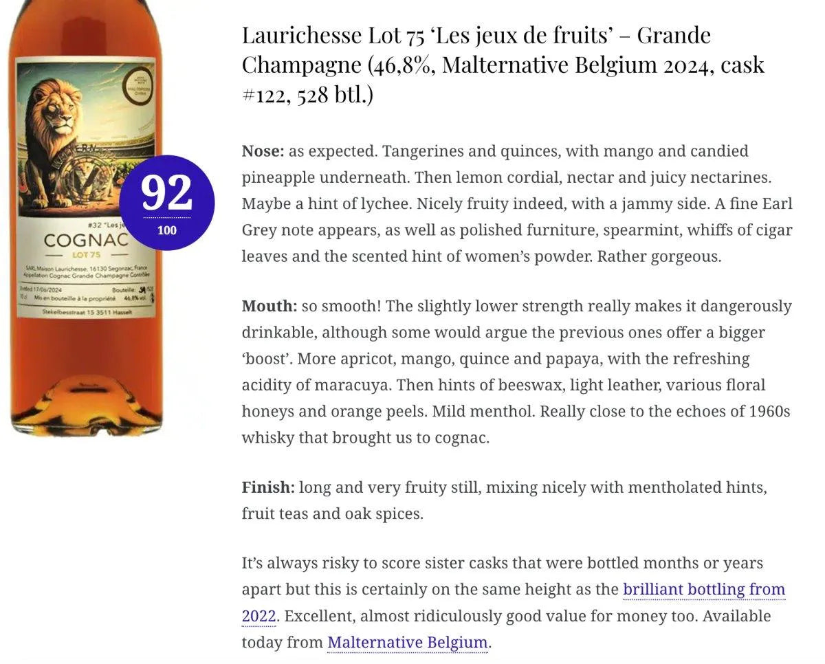 Malternative Belgium Laurichesse - ~49YO, 1975/2024, Lot75, #32 Les jeux de fruits, 46.8% (WN92) - Cognac