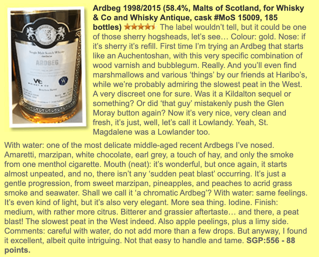 Malts of Scotland Ardbeg, 1998/2015, #MoS 15009, for Whisky & Co / Whisky Antique, 58.4% (WF88) (分現金/信用卡價) - 蘇格蘭威士忌