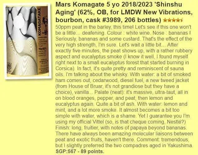 Mars Komagatake 駒ケ岳 - 5YO, 2018/2023, #3989, Shinshu Aging, by LMDW, 62% (WF89) - Japanese Whisky