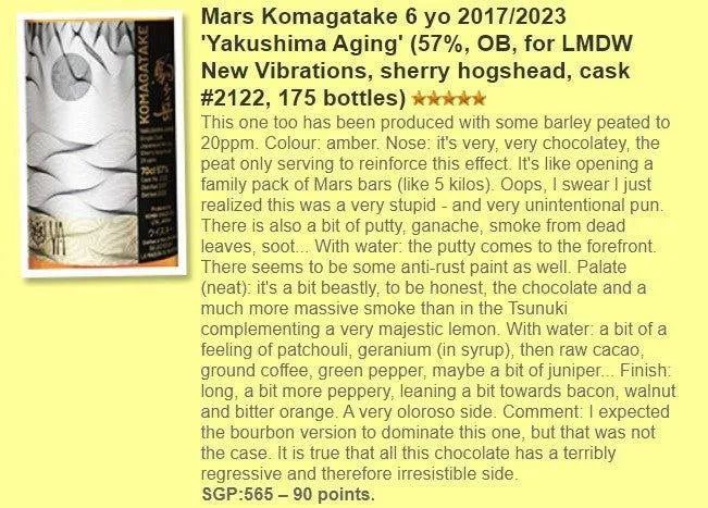 Mars Komagatake 駒ケ岳 - 6YO, 2017/2023, #2122, Yakushima Aging, by LMDW, 57% (WF90) - Japanese Whisky