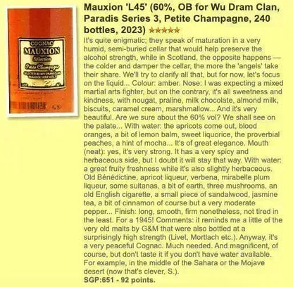 Mauxion - 78YO, 1945/2023, Petite Champagne, Lot 45 for WDC, 60% (WF92) - Cognac