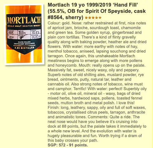 Mortlach - 19YO, 1999/2019, #8564, Hand Filled at the Distillery, 55.5% (WF91) (分現金/信用卡價) - Scotch Whisky