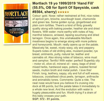 Mortlach - 19YO, 1999/2019, #8564, Hand Filled at the Distillery, 55.5% (WF91) (分現金/信用卡價) - Scotch Whisky