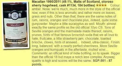 MoS Macallan - ~21YO, 1990/2011, #1134, Oloroso Sherry Hogshead, 49.1% (WF87) (分現金/信用卡價) - Scotch Whisky