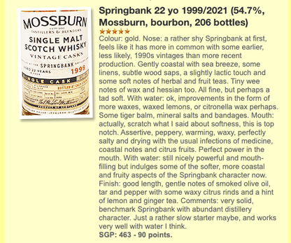Mossburn Springbank 22YO, 1999/2021, Batch 01.1099.SC4, 54.7% (WF90) (分現金/信用卡價) - 蘇格蘭威士忌