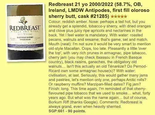 Redbreast - 21YO, 2000/2022, #21285 by LMDW, 58.7% (WF90) - Irish Whiskey