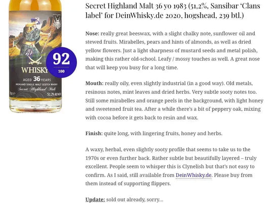 Sansibar Secret Highland - 36YO, 1983/2020, The Clans Label, 51.2% (WN92) (分現金/信用卡價) - Scotch Whisky