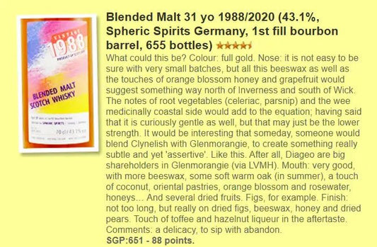 Spheric Spirits - 31YO, 1988, Blended Malt Scotch Whisky, 43.1% (WF88) (分現金/信用卡價) - Scotch Whisky