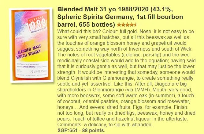 Spheric Spirits - 31YO, 1988, Blended Malt Scotch Whisky, 43.1% (WF88) (分現金/信用卡價) - Scotch Whisky