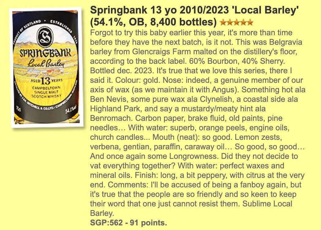 Springbank - 13YO, 2010/2023, Local Barley, 54.1% (WF91) - Scotch Whisky