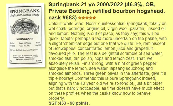 Springbank - 21YO, 2000/2022, #683, 46.8% (WF90) (分現金/信用卡價) - Scotch Whisky