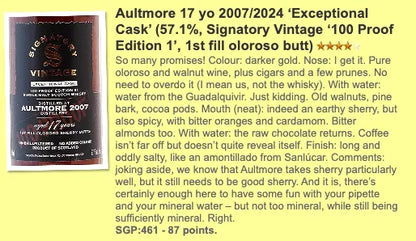 SV Aultmore - 17YO, 2007/2024, 100 Proof Exceptional Cask Edition #1, 1st Fill Oloroso Sherry Butt, 57.1% (WF87) - Scotch Whisky