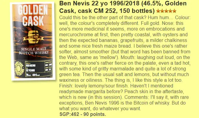 The House of MacDuff Ben Nevis - 22YO, 1996/2018, #CM252, The Golden Cask, 46.5% (WF90) (分現金/信用卡價) - Scotch Whisky