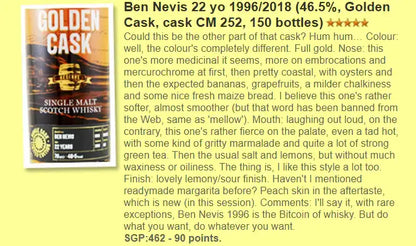 The House of MacDuff Ben Nevis - 22YO, 1996/2018, #CM252, The Golden Cask, 46.5% (WF90) (分現金/信用卡價) - Scotch Whisky