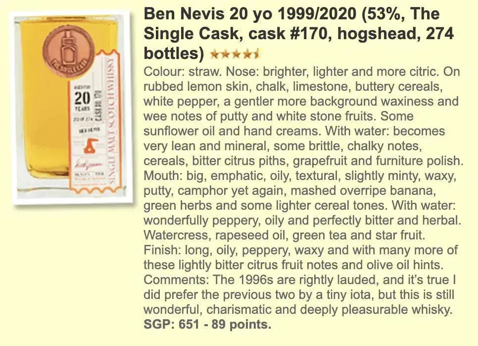 The Single Cask Ben Nevis - 20YO, 53.0% (WF89) - Scotch Whisky