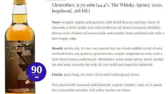 The Whisky Agency Glenrothes - 31YO, 1989/2020, 44.4% (WN90) (分現金/信用卡價) - Scotch Whisky