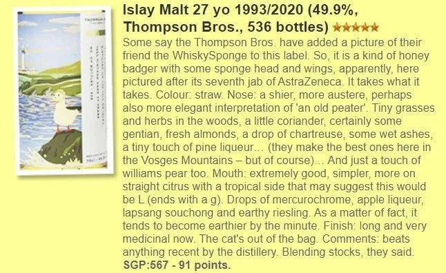 Thompson Bros Secret Islay (Laphroaig)- 27YO, 1993/2020, 49.9% (WF91, WN90) - Scotch Whisky