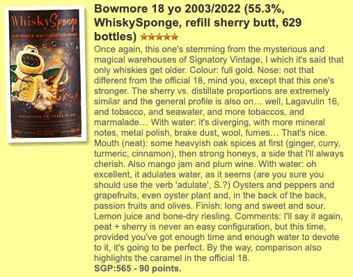 Whisky Sponge Bowmore - 18YO, 2003, 55.3% (WF90) - Scotch Whisky